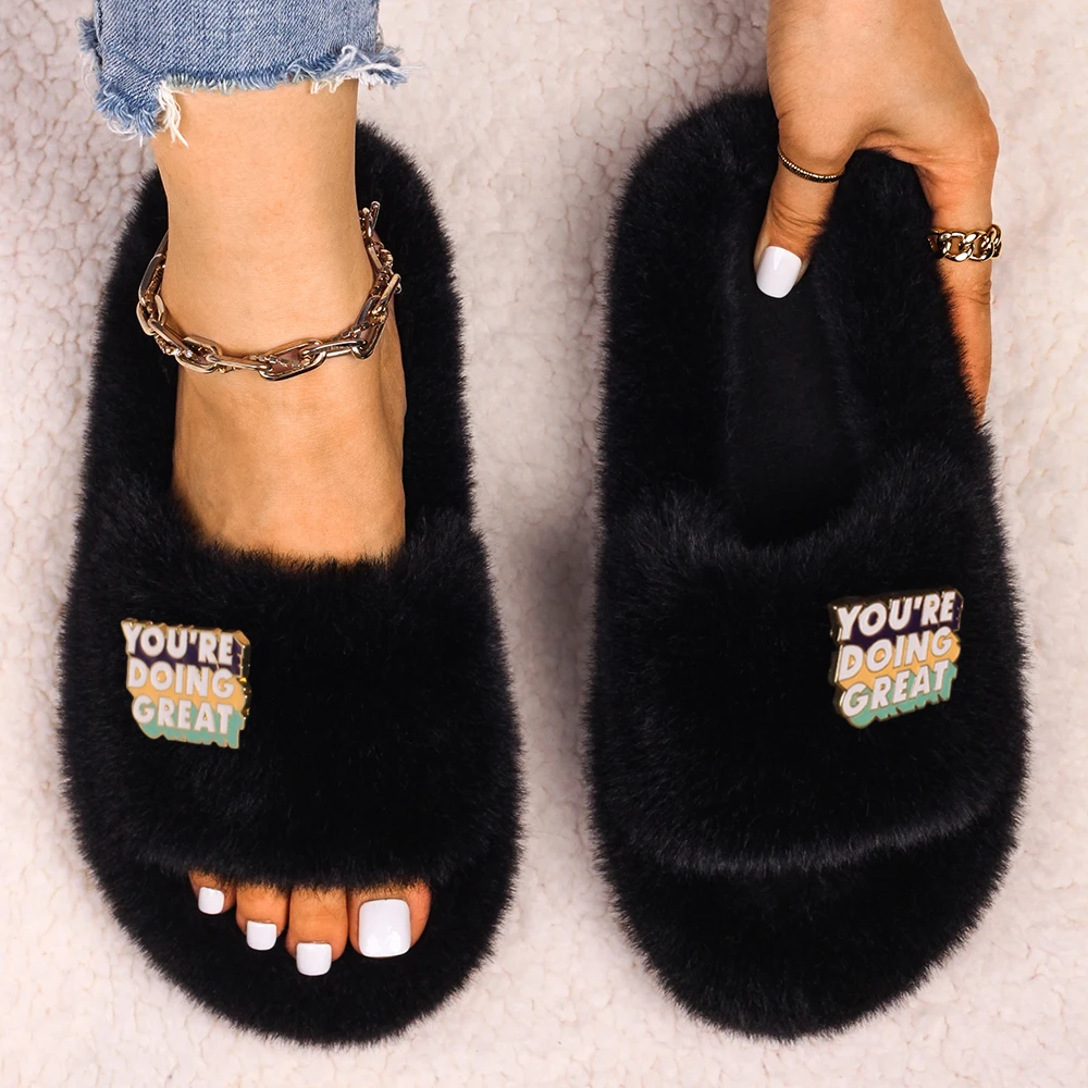 Fashion Slippers Ladies Faux Fur Slides Letter Decor Fluffy Flip Flop Platform Fur Sandals Furry Slippers Casual Shoes For Women