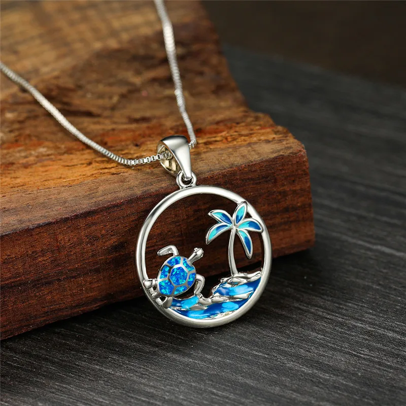 Bohemian Blue Opal Pendant For Women Fashion Silver Color Chain Necklace For Women Beach Hollow Turtle Pendant Wedding Necklace