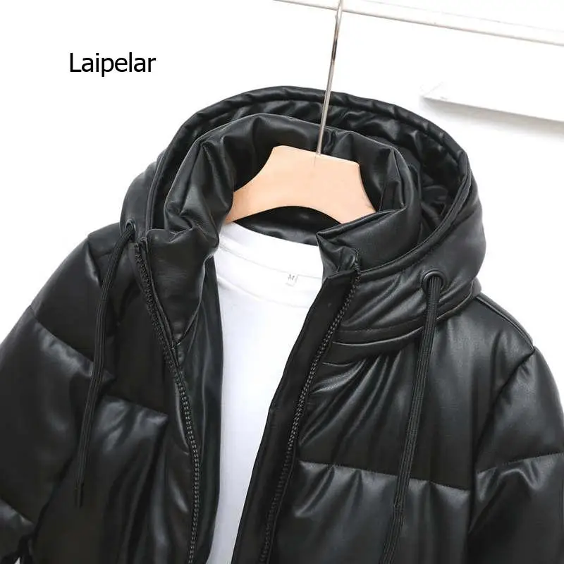 Waterproof Faux PU Leather Long Winter Hooded Jacket Women Fashion Black Warm Quilted Coats Cotton Padded Jackets Outwear