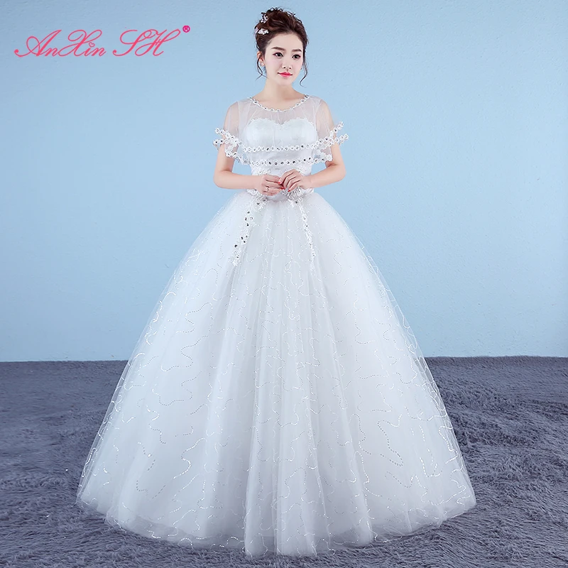 AnXin SH flower lace white princess vintage o neck illusion flower batwing sleeve red turkey bride customized wedding dress