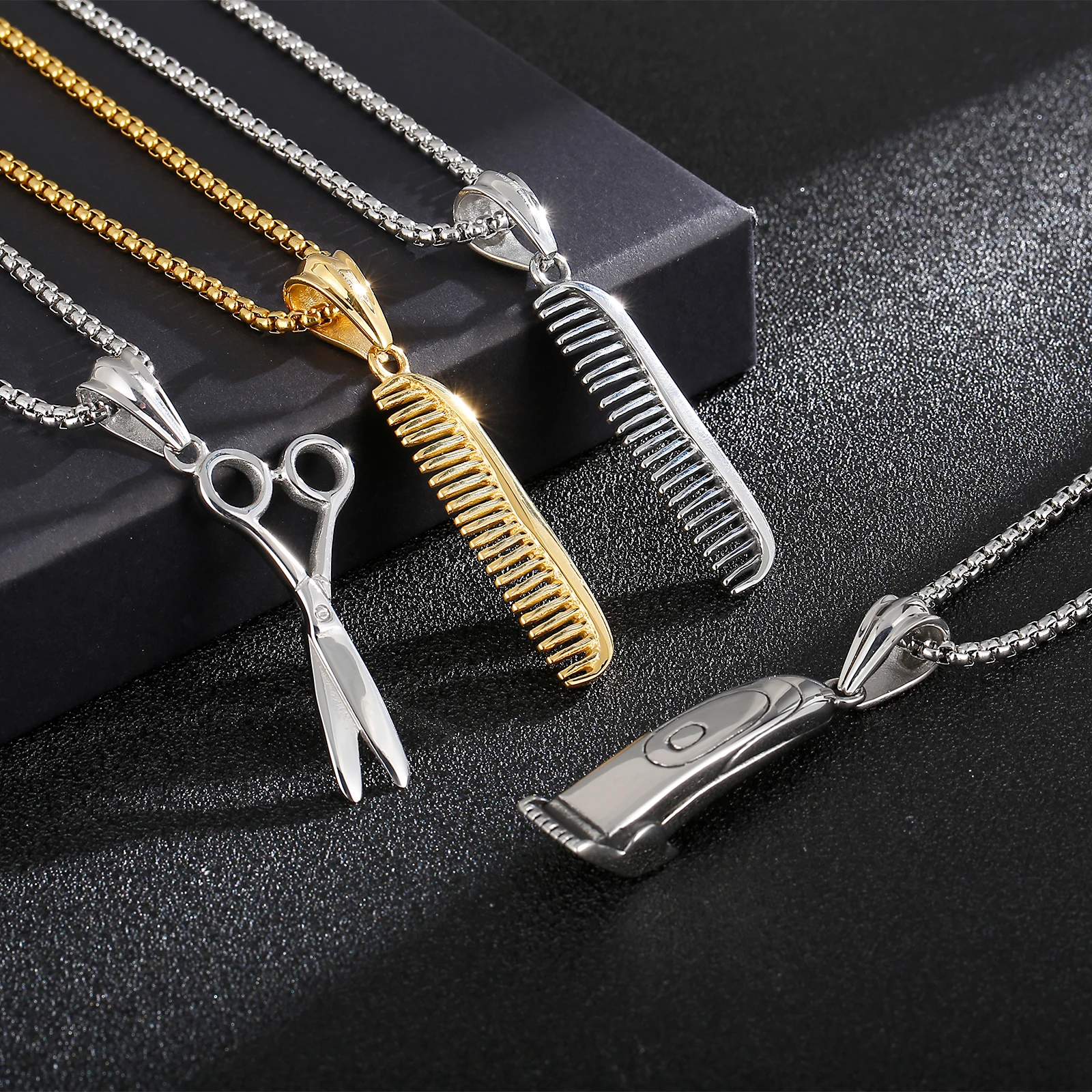 HaoYi Hair Stylist Tools Pendant Necklace Scissors Comb Men Personality Fashion 316L Stainless Steel Jewelry