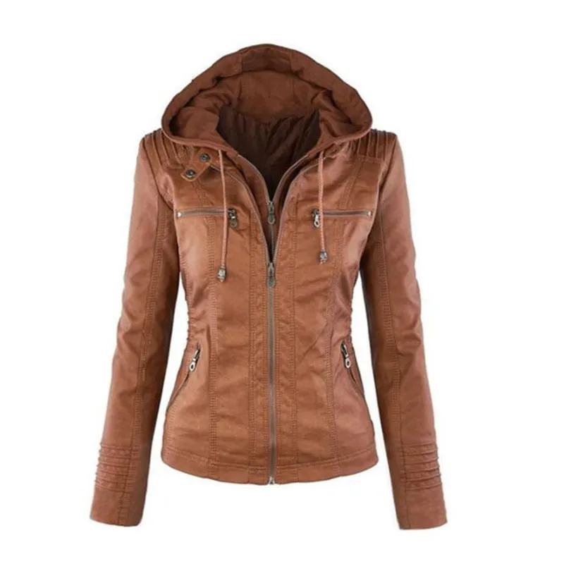 Customizable Hooded Leather Jacket Autumn Winter women's with zipper leather jacket short PU jacket coat Suit Jackets