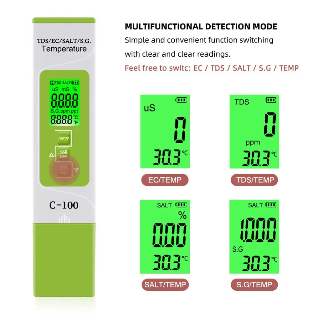 Yieryi 5 in 1 TDS/EC/SALT/S.G./Temperature Meter Digital Water Quality Monitor Tester for Pools, Drinking Water, Aquariums