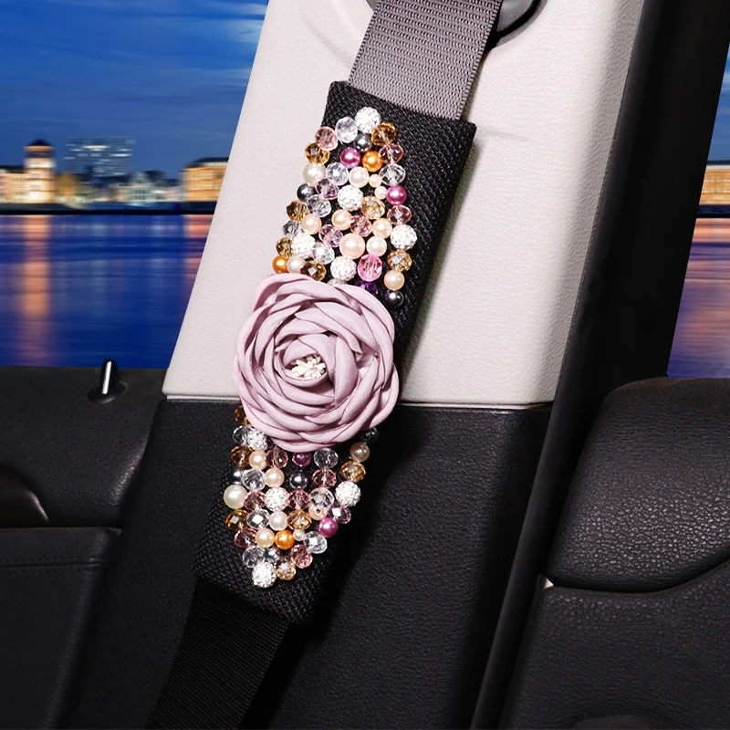 Mesh Pearl Flower Car Interior Decoration Accessories Set Headrest Pillow Steering Wheel Cover Gear Handbrake Cover Seat Cushion