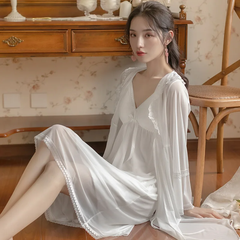 Sweet Lace Night Gown Robe Sets for Women Fairy Mesh Long Nightdress Spring Autumn Princess Sleepwear Female Romantic Lounge Set