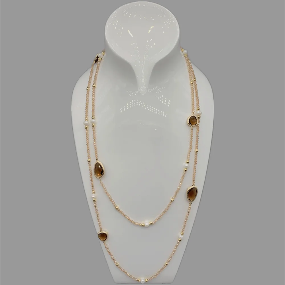 FoLisaUnique Irregular Shape Smokey Quartz Necklace For Women 5-6mm White Freshwater Pearls Hammered Gold Beads Long Necklace 6