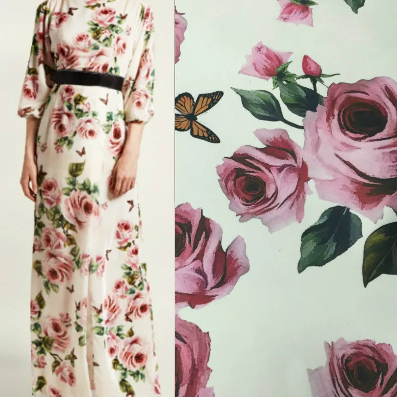 Hand-painted Rose Flower Printing Processing Polyester Chemical Fiber Fabric Printing for Dresses Skirts Shirts Fabrics by Meter