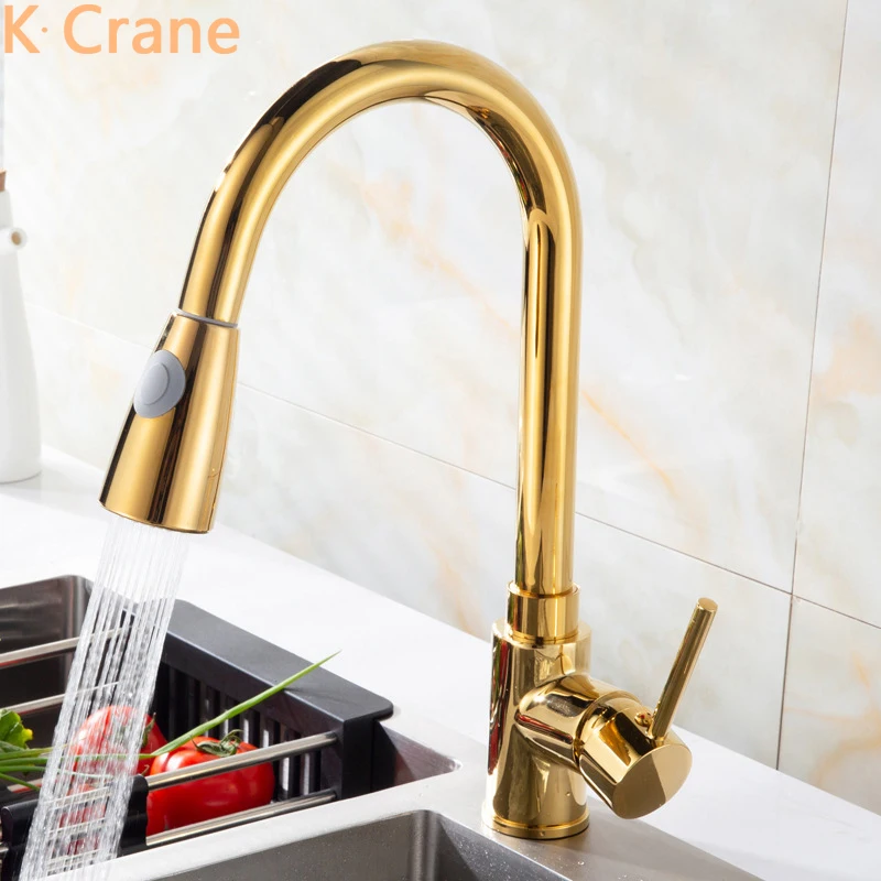 

Gold Pull Out Faucets Kitchen Sink Modern Brass Tap Hot Cold Water Mixer Crane Single Handle Deck Mounted 360 Degree Swivel Taps