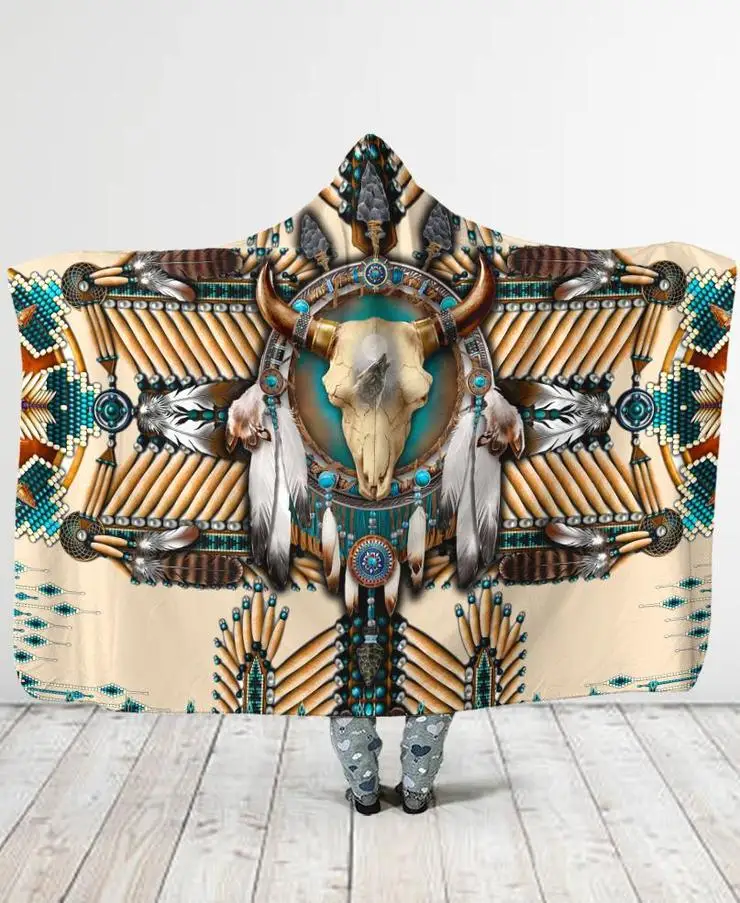 

Plstar Cosmos Birds Feather/Native/Buffalo Head Motifs Hooded Blanket 3D full print Wearable Blanket Adults men women style-3