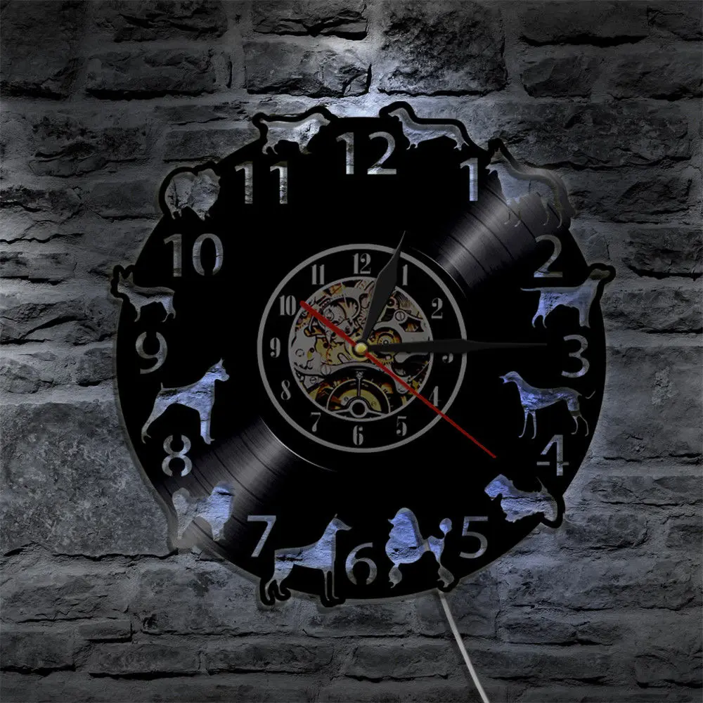 Creative LED Wall Clock Modern Design Vinyl Record Wall Clocks Backlight 3D Decorative Dog Model Classic CD Watch Home Decor