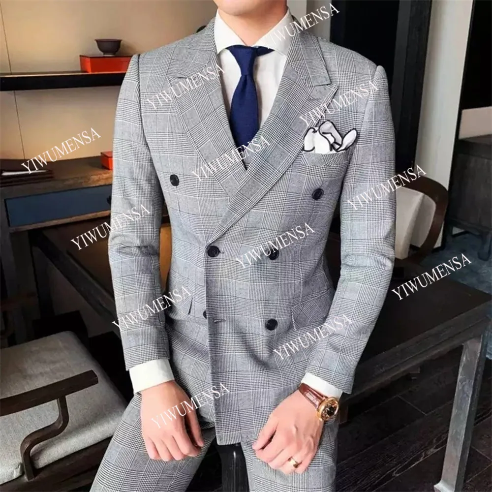 Double Breasted Business Suit Men Grey Plaid Checked Jacket Pants 2 Pieces Banquet Evening Party Wedding Tuxedos Plus Size Dress