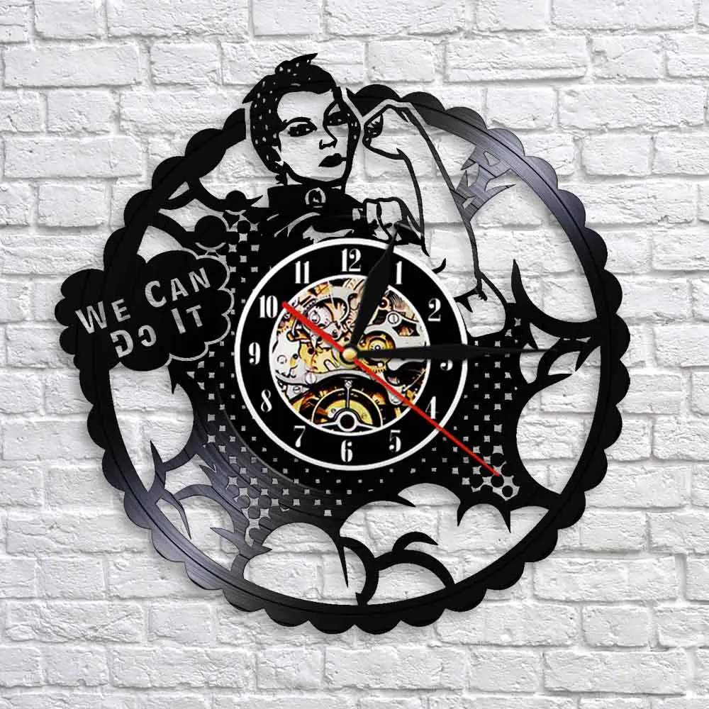 We Can Do It Girl Power Rosie the Riveter Feminist Silent Quartz Vinyl Record Wall Clock Strong Woman Protest Signs Watch