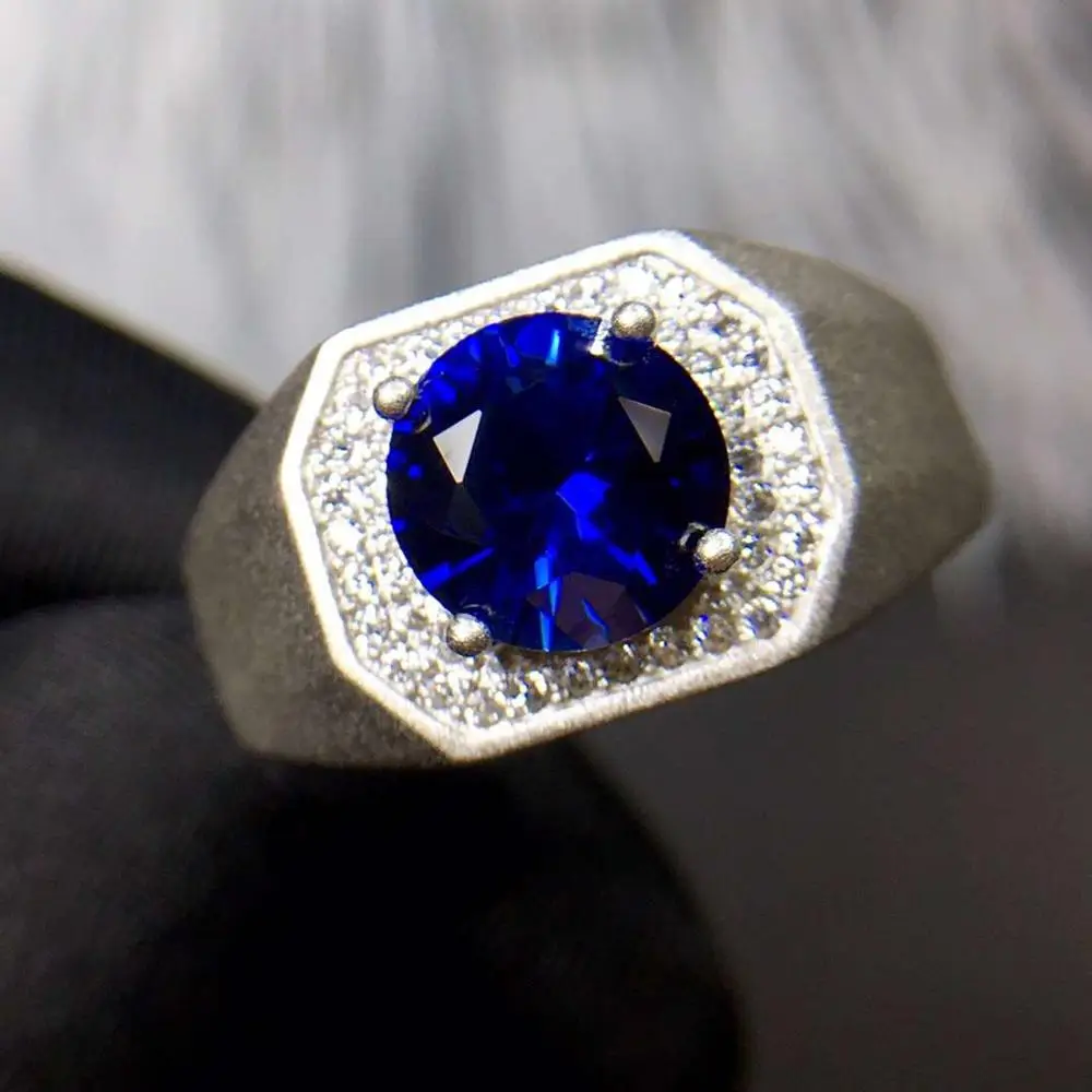 newest man muscular power ring blue gem sapphire ring  adjustable size 8 mm*8 mm gem ocean blue color real 925 silver man gift