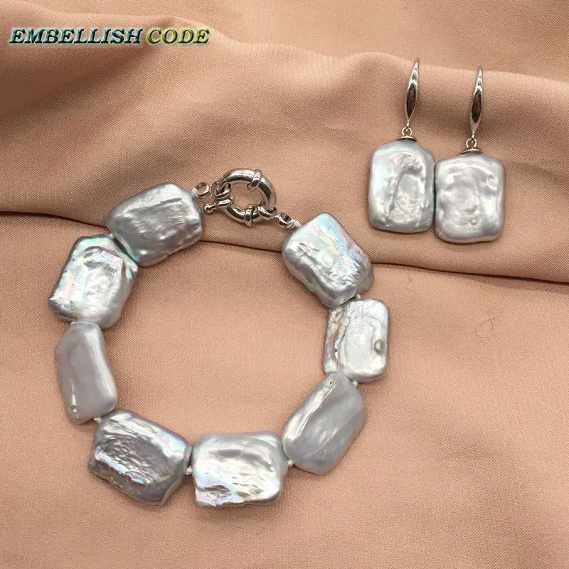 

popular baroque keshi pearl bracelet Bangles hook dangle earring set gray color flat rectangle square shape cultured pearls