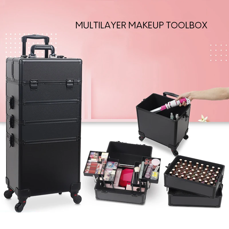 Fashion women trolley cosmetic case portable multifunction makeup rolling luggage nail art tattoo beauty travel suitcase bag