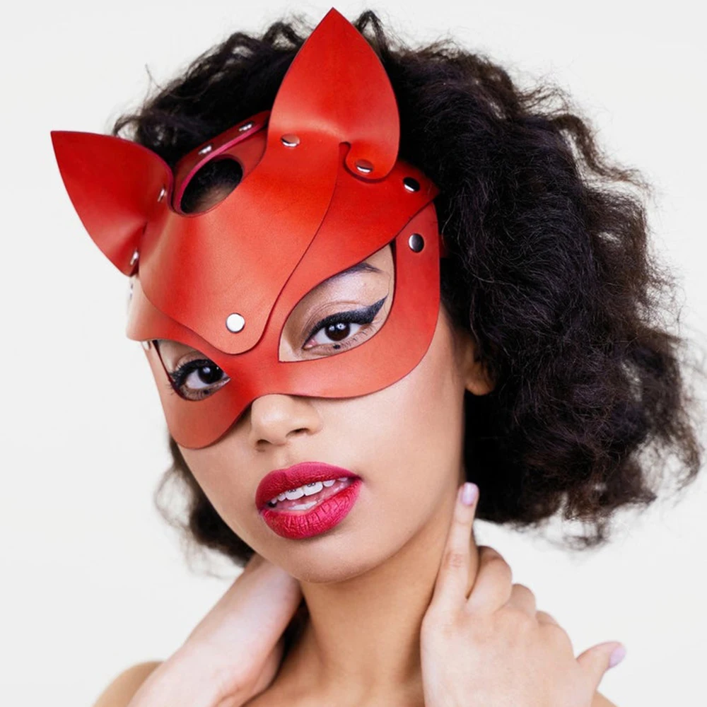 Máscara de gato de cuero rosa Sexy, máscara de gato fetiche Bdsm, cabeza facial de Cosplay, máscara negra para fiesta de Halloween, baile de máscaras, fiesta de lujo