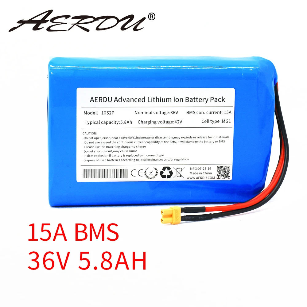 AERDU 36V 5.8AH 6Ah 5Ah 10S2P 400Watt 18650 LI-ION BATTERY PACK  EBIKE SCOOTER MOTOR SKATEBOARD 15A BMS XT30 JST 42V