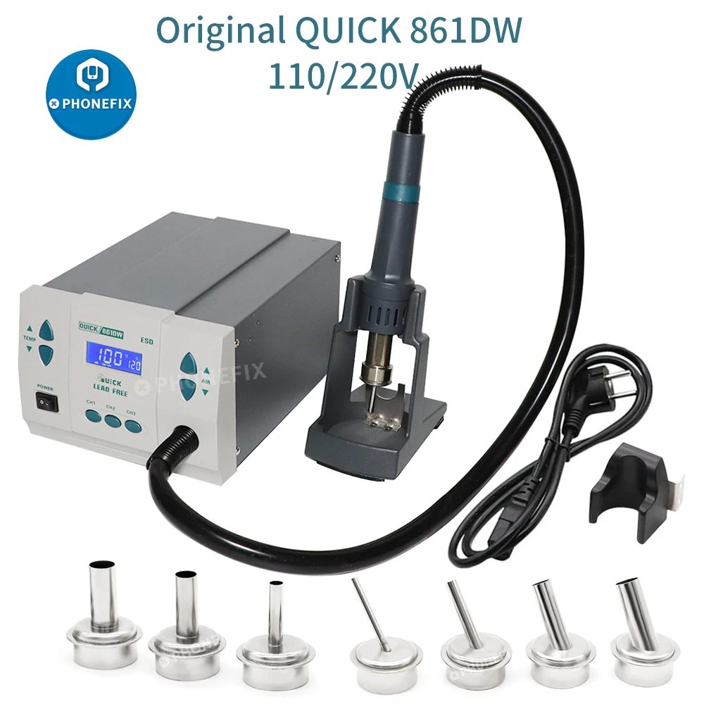 

Quick 861DW 110v 220v Hot Air Rework Station Quick Heating 861DW Motherboard PCB Soldering Repair Tool with 7pcs Heat Gun Nozzle