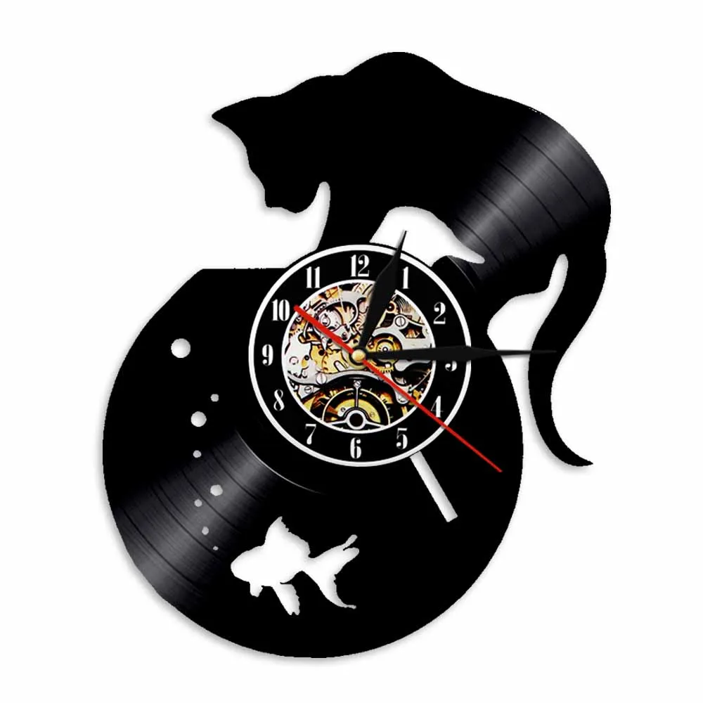 Cat Catch The fish Wall Art Decor Clock Kitty Animal Wall Clock Modern Design Vinyl Record Hanging Bedroom Decor 3D Watches