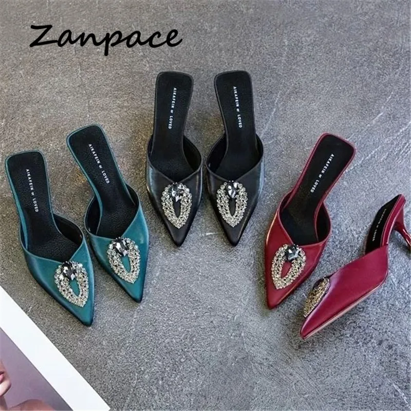 2021 Fashion Slippers Women Sandals Indoor High Heels Slip on Shoes Summer Thin Heeled Women Shoes Pointed Top Woman Slides