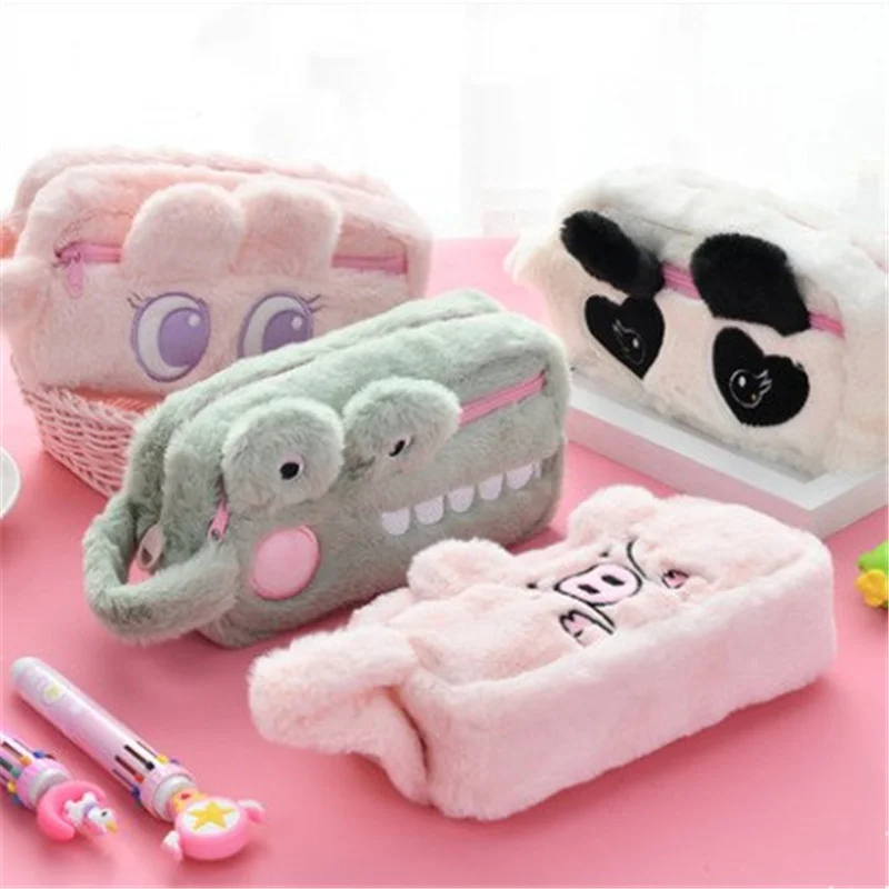 Portable plush pencil case cute animal pencil bag School stationery bag Double layer pen case prize kawaii pen bag girl handbag