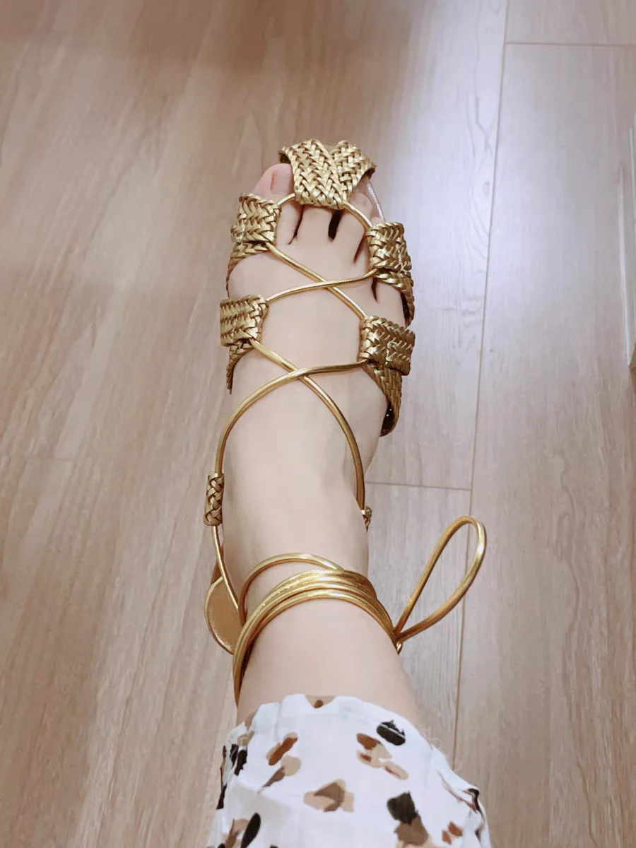 Golden Braided Strap Sandals Women Cross Strap Flat Shoes Women Ankle Strap Casual Shoes Sandals Women