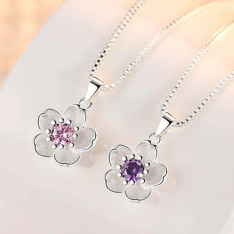 Cute Flower Pendant Necklaces For Women Romantic Cherry Blossoms Pink/Purple Zircon Stone Lovely Pendant Jewelry For Lady Girls