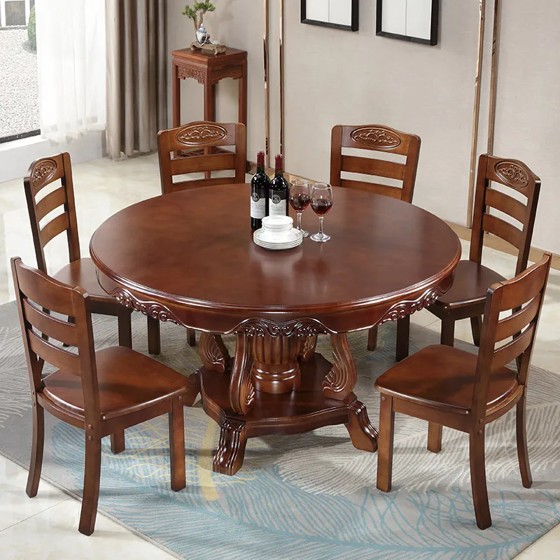 Solid wood dining table with turntable round dining table Chinese style large round table dining table and chair combination