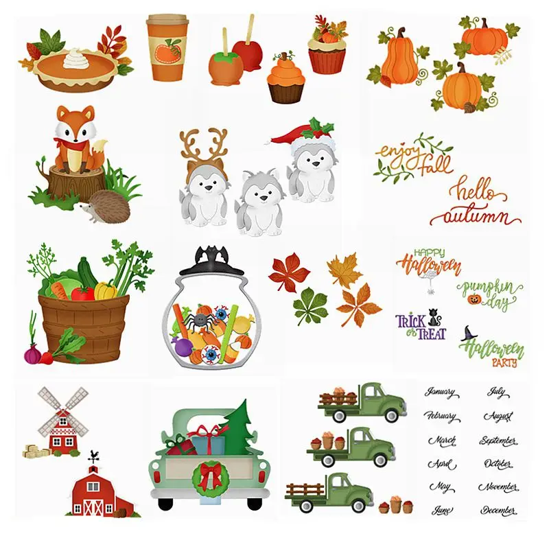 Autumn Fall Harvest Season Food Cake Animals Leaves House Car Letter Sentence Metal Cutting Dies Make Stencils Decorate Cards