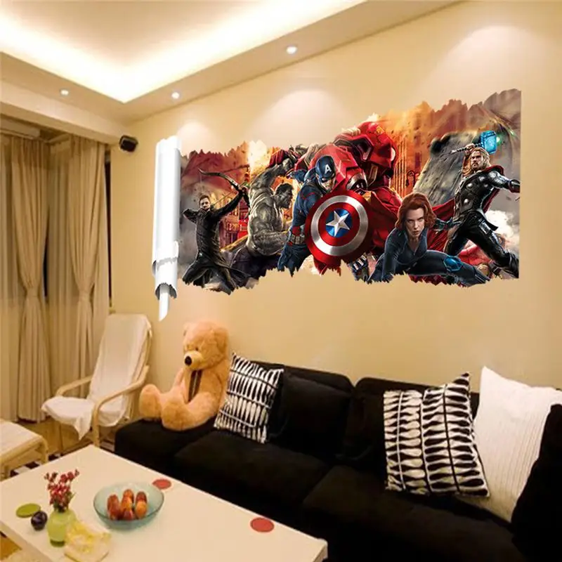 Captain America The Avengers Naklejki ścienne do pokoju dziecięcego Dekoracja domu Diy 3d Broken Hole Mural Art Super Heros Naklejki ścienne