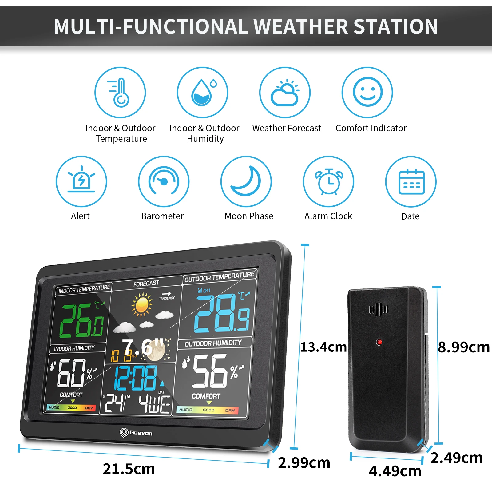 Geevon-Estación Meteorológica Inalámbrica para interiores y exteriores, termómetro con pantalla a Color, barómetro, calendario, retroiluminación