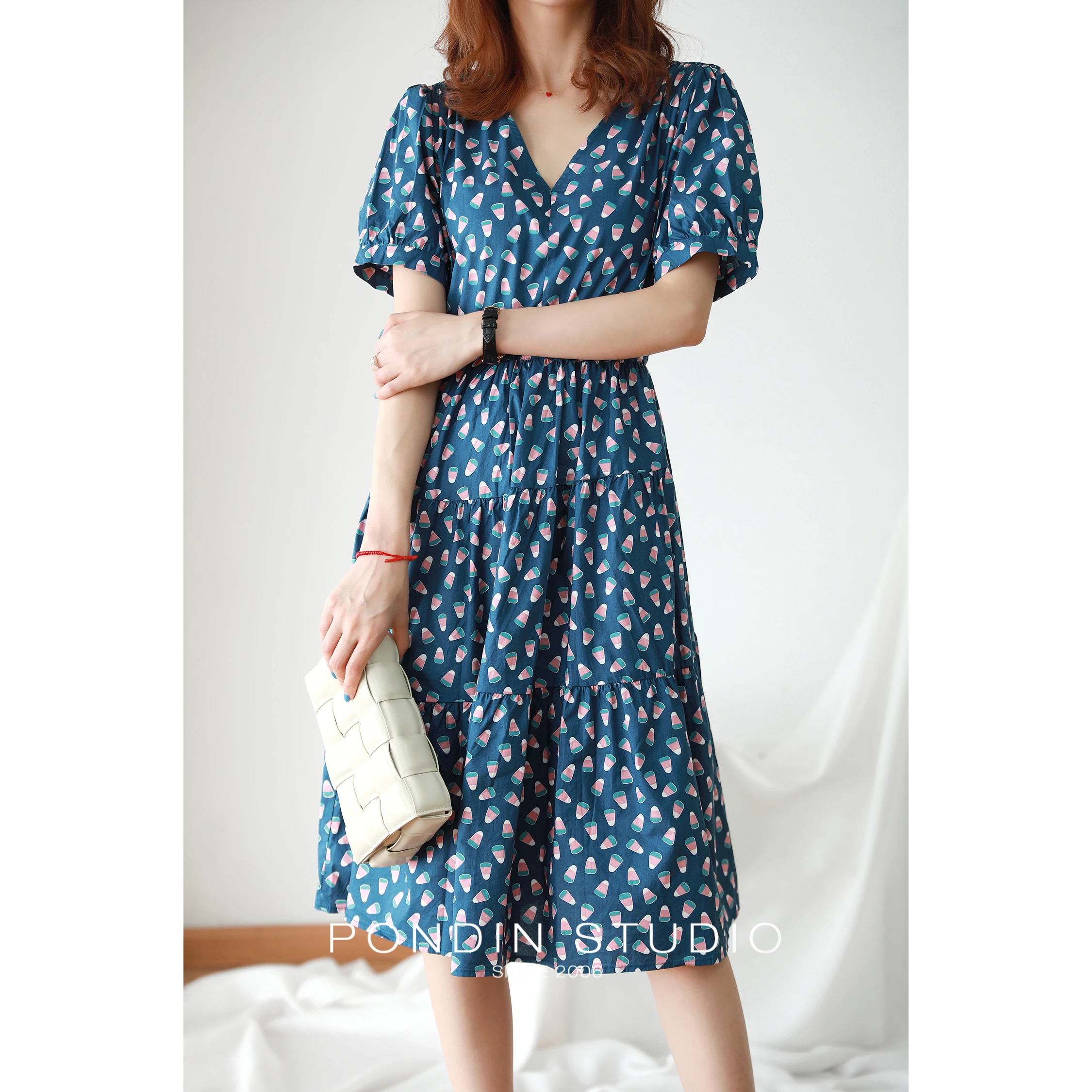 

Ice Cream Printed V-neck Puff Sleeve Mid-length Dress Women Summer Long Cotton Dress