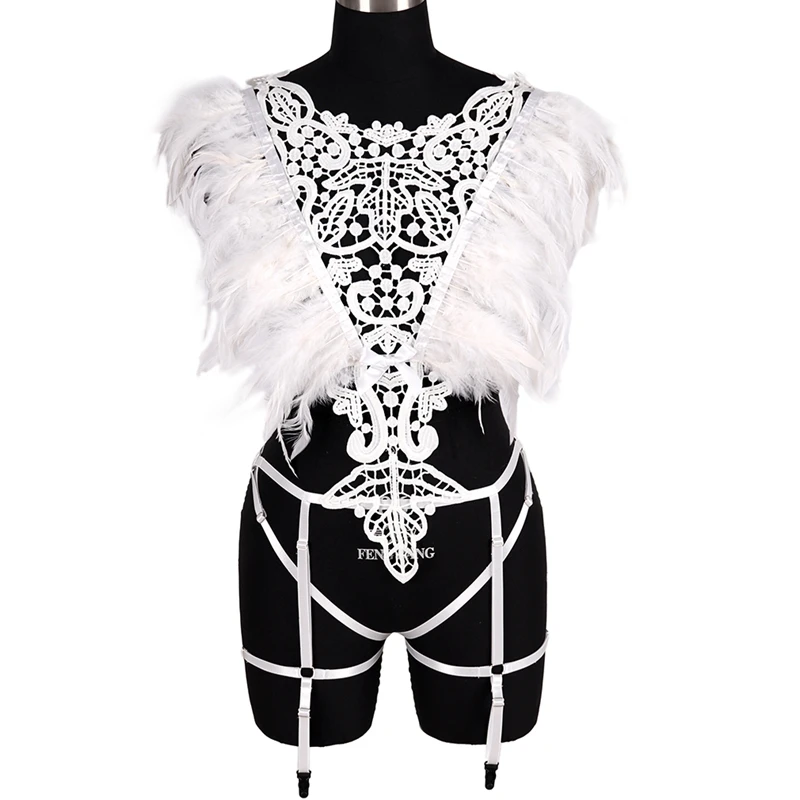 

Harness Fashion Feather Belts Garter Black Sexy Harness Women Suit Sexy Cage Bra For Elastic Gothic Festival Rave Dance Wear