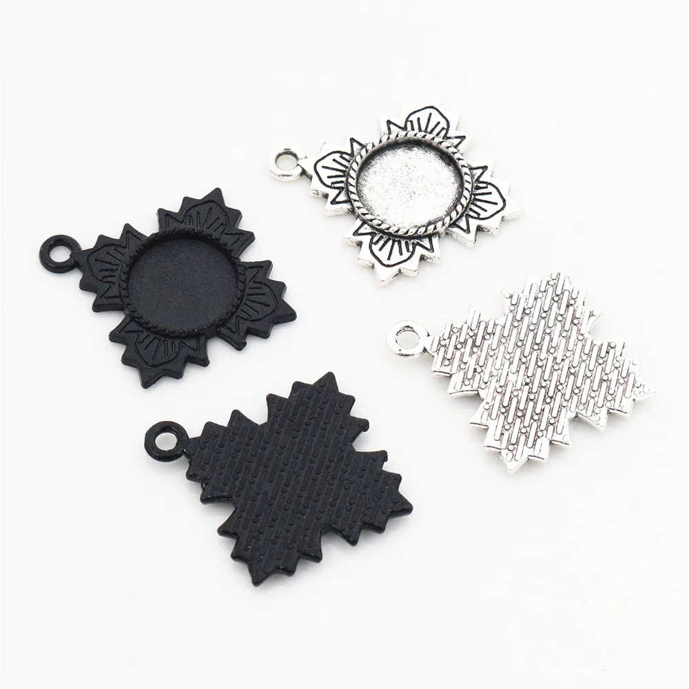 

20pcs 12mm Inner Size Antique Silver Plated and Black Colors Fashion Style Cabochon Base Cameo Setting Charms Pendant