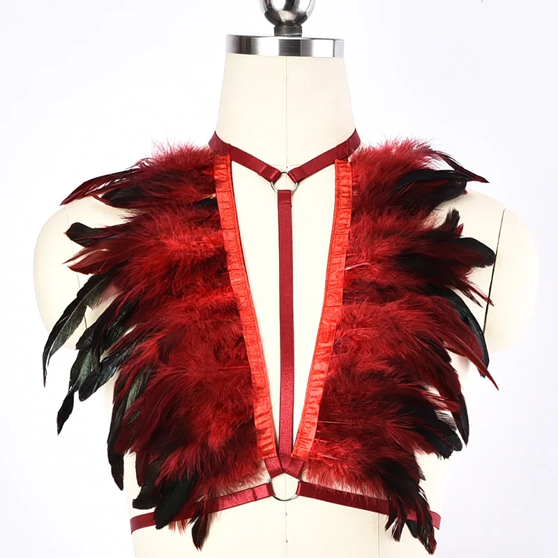 Epaulette Vest Festival wine Red Feathers Harness Costume Burning man Shoulder wings Harness Bra Unisex Top Halter Dance Rave