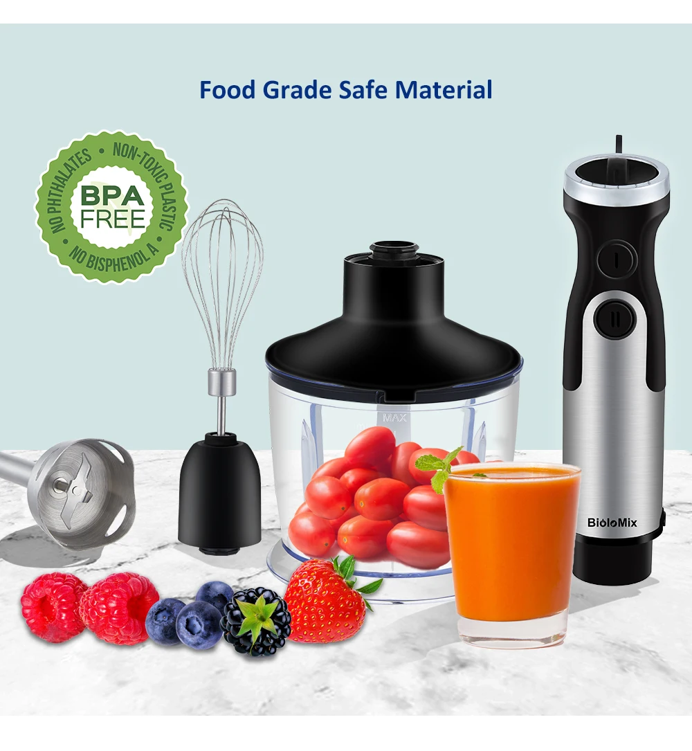 BioloMix 1200W 5-in-1 Immersion Hand Stick Blender Mixer Vegetable Meat Grinder 800ml Chopper Whisk 600ml Smoothie Cup