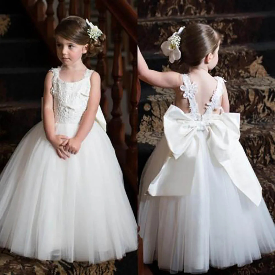 O-Neck Bow Tulle Applique Birthday Christmas Kids Formal Wear  Girls Pageant Baby Children Party Dress Flower Girls Dresses