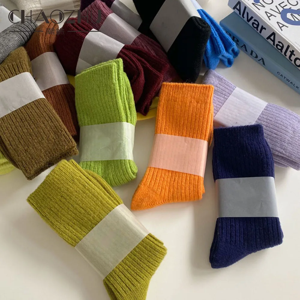 CHAOZHU Thicken Warm Merino Wool Classic Solid Colors Rib Socks Women High Quality Loose Crew Fashion Japanese Korea Sox Winter