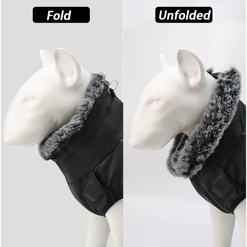 Winter wasserdichter Hundemantel, warme Haustier-Pelzkragenjacke mit abnehmbarem Geschirr, große Hundekleidung, Bulldoggen-Outfit, Labrador-Kostüme – Detail 6