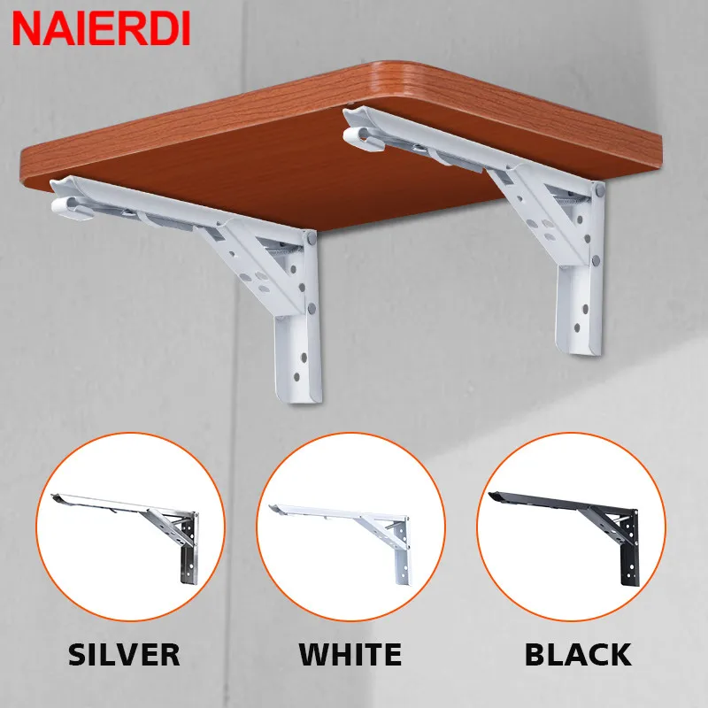 NAIERDI 8-14 Inch 2PCS Stainless Steel Folding Bracket White Black Iron Triangle Bracket Adjustable Wall Support Table Shelf