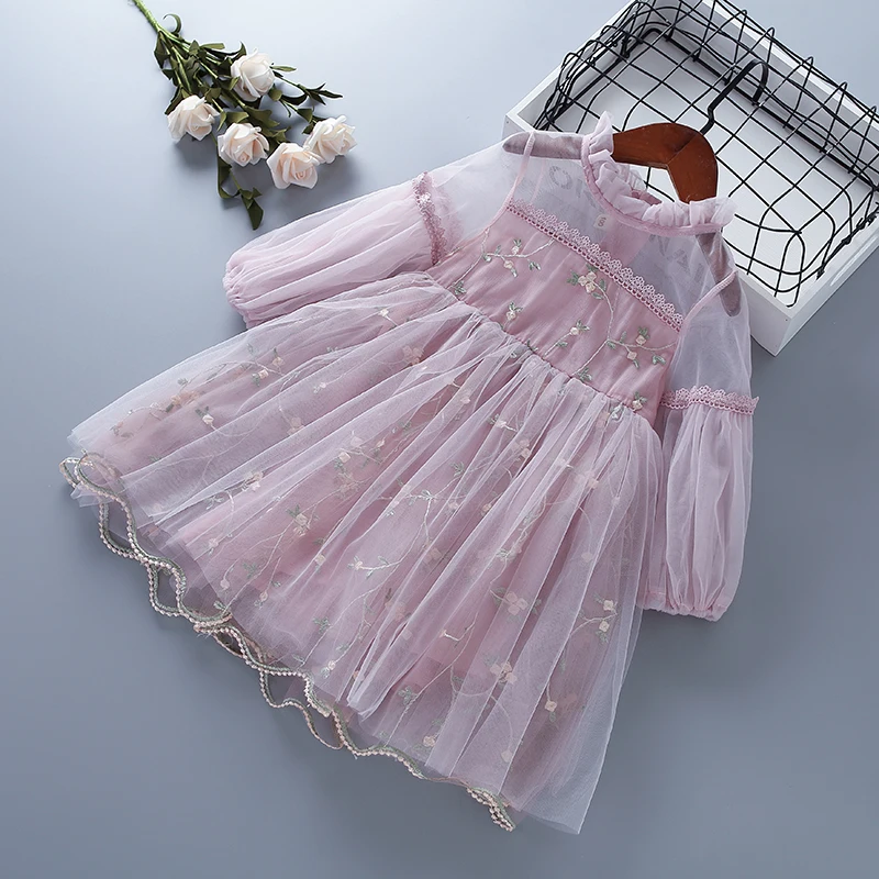 3-7 Year High Quality Girl Clothes New Spring Autumn Chiffon Mesh Lace Floral Kid Children Girl Princess Dresses