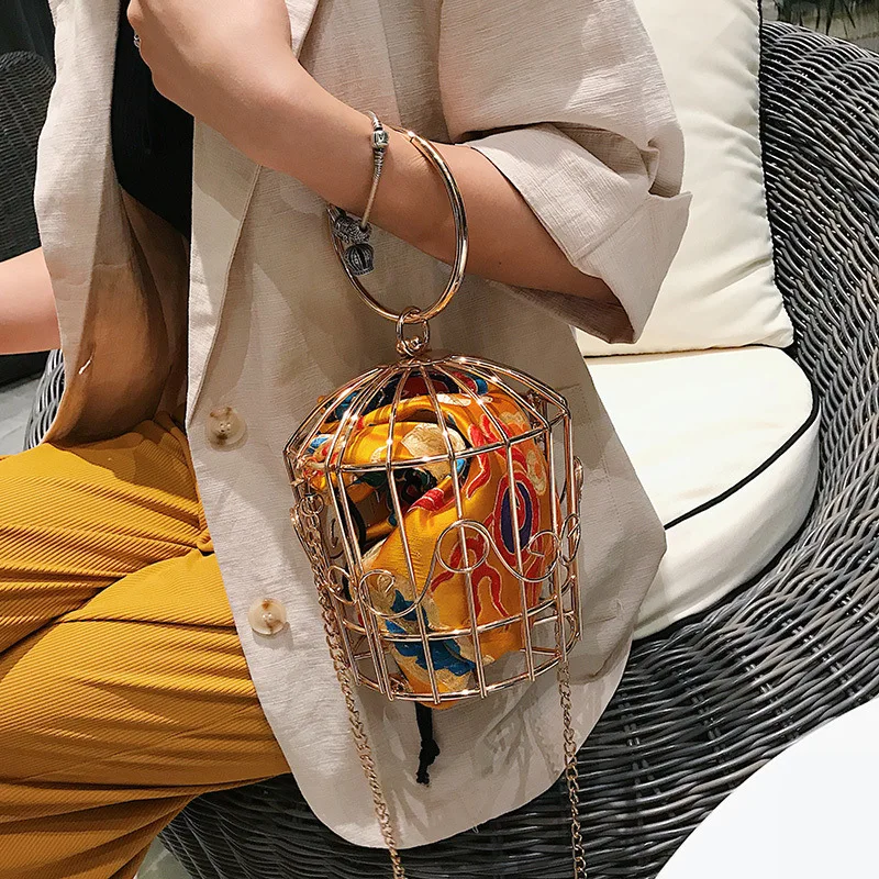 Women\'s Birdcage Evening Bag Clutch Metal Frame Embroidery Bucket Bird Cage Mini Totes Ladies Purses Female Gold Tassel Handbags