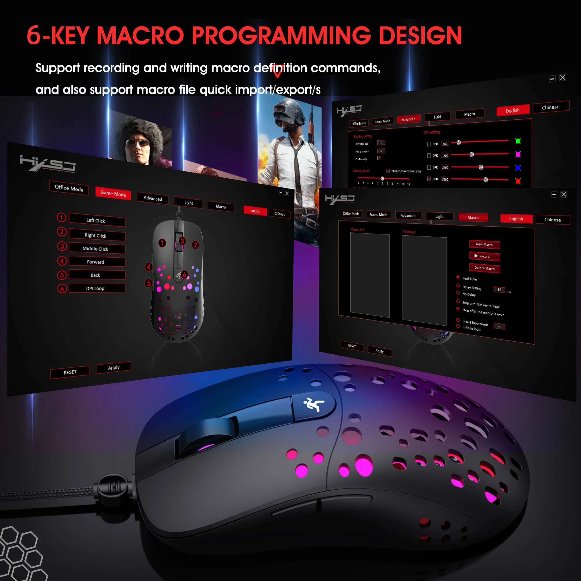 HXSJ A904 Ergonomic Wired Gaming Mouse 6-button RGB Luminous 8000dpi Hollow Design USB Mouse Computer Game For PC Laptop