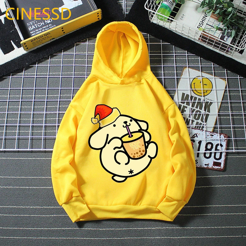 Funny Pompompurin Love Boba Animal Print Hoodie Baby Boys Clothes Winter Girls Top Yellow Unisex Kids Teens Cute Sweatshirt