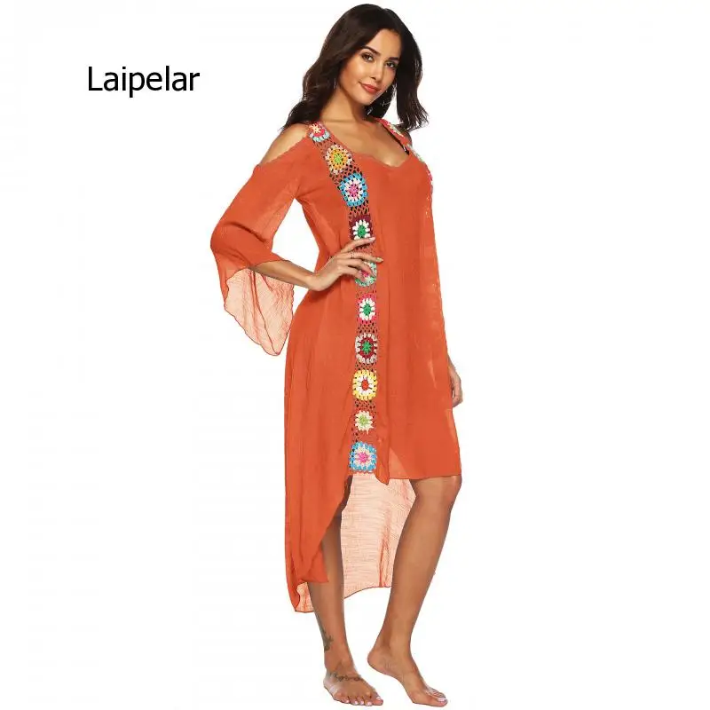 Hand Hook Feature Panel Open Shoulder Irregular Beach Ethnic Style Dress Women's Multi Color Summer 2021