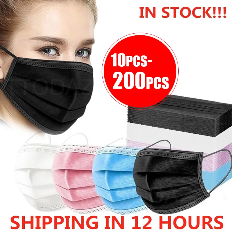 10/50/100/200PCS Disposable Mask Earloop Pink Bule Black White Mouth Masks 3 Layers Meltblown Non-Woven Breathable Face Mask