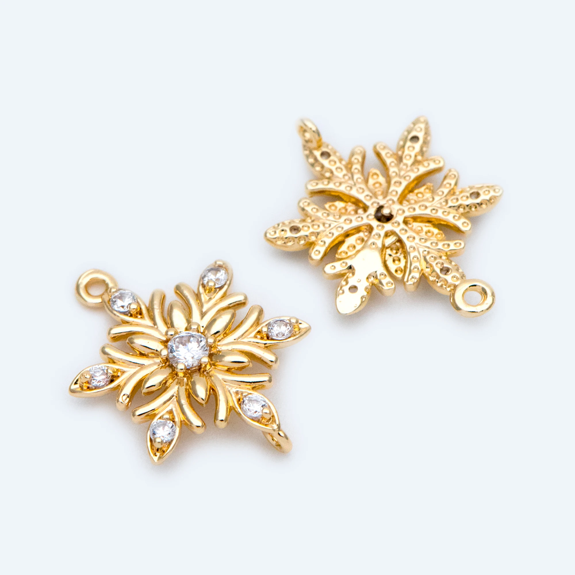 

10pcs CZ Paved Gold Snowflake Connectors 18x13.5mm, Rhinestone Flower Charms, Real Gold Plated Brass Findings (GB-1263)