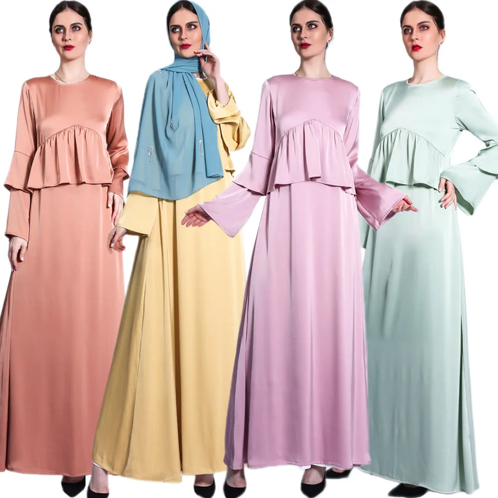 

Middle East Islamic Abayas Arabic Muslim Women Long Dress Ruffle Elegant Party Gown Solid Color Satin Maxi Robe Caftan Ramadan