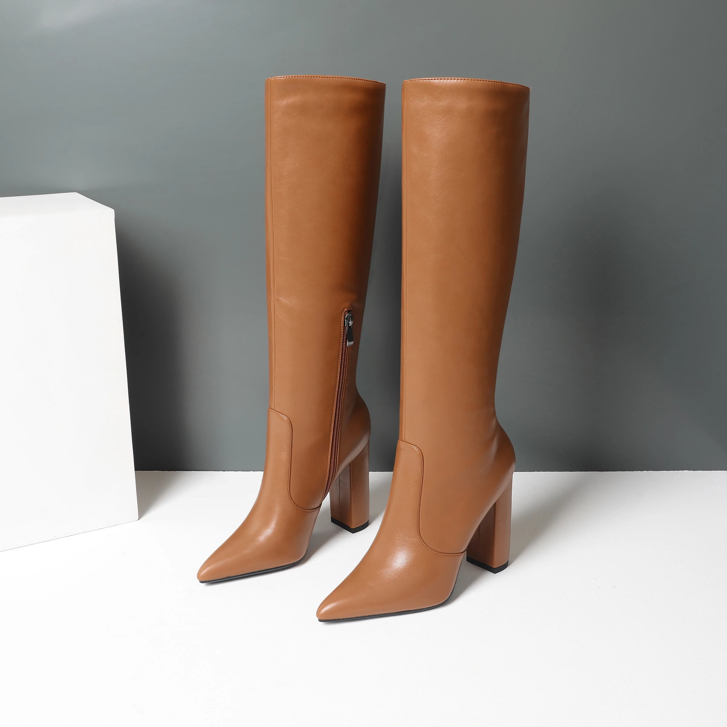 QUTAA Keep Warm Knee High Boots Autumn Winter PU Leather Women Shoes Pointed Toe Fashion High Heel Woman Boots Size 34-43