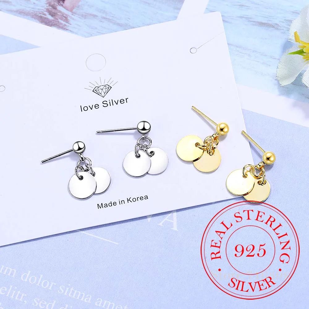 100% 925 Solid Real Sterling Silver Women's Jewelry Round Sheet Cute Stud Earrings Gift For Teen Girls Kids Lady women Jewelry